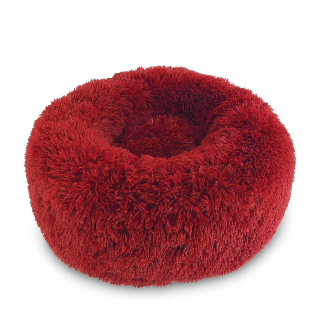Red calming pet bed on a clean white background